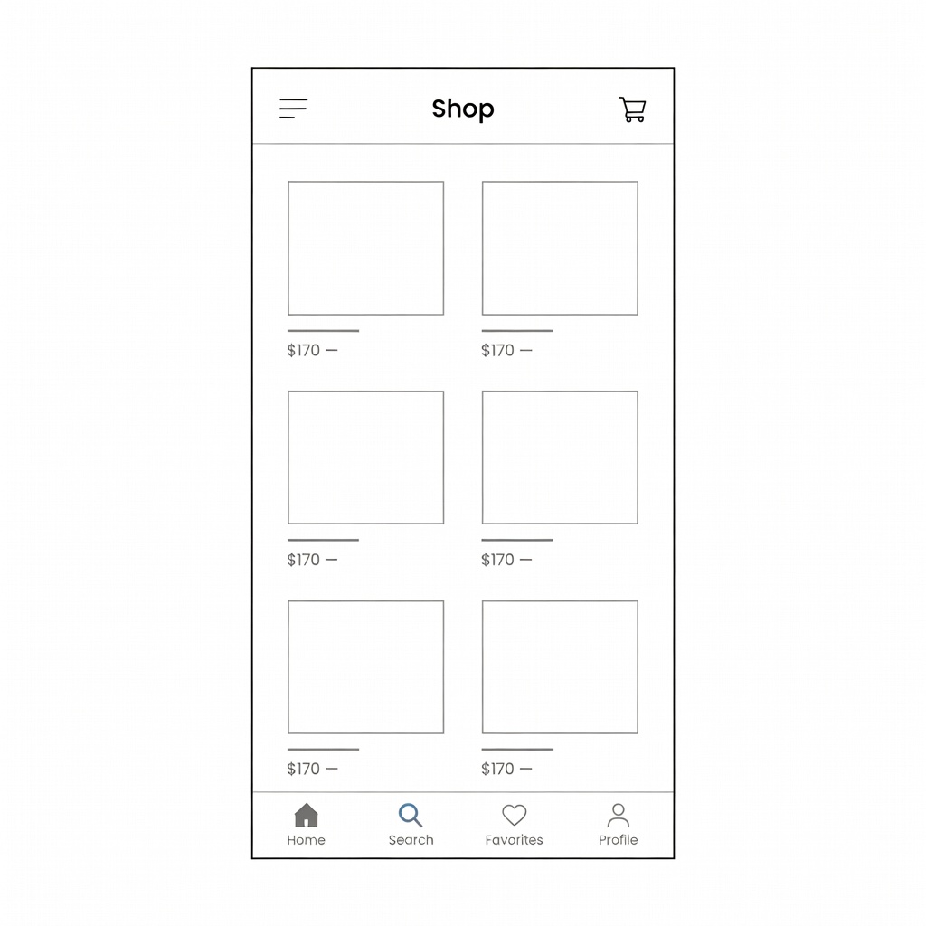 Clean UI wireframe for ecommerce